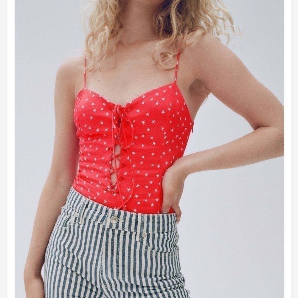 New Zara Satin Effect Stars Bodysuit Red NWT Size Medium - Picture 2 of 13